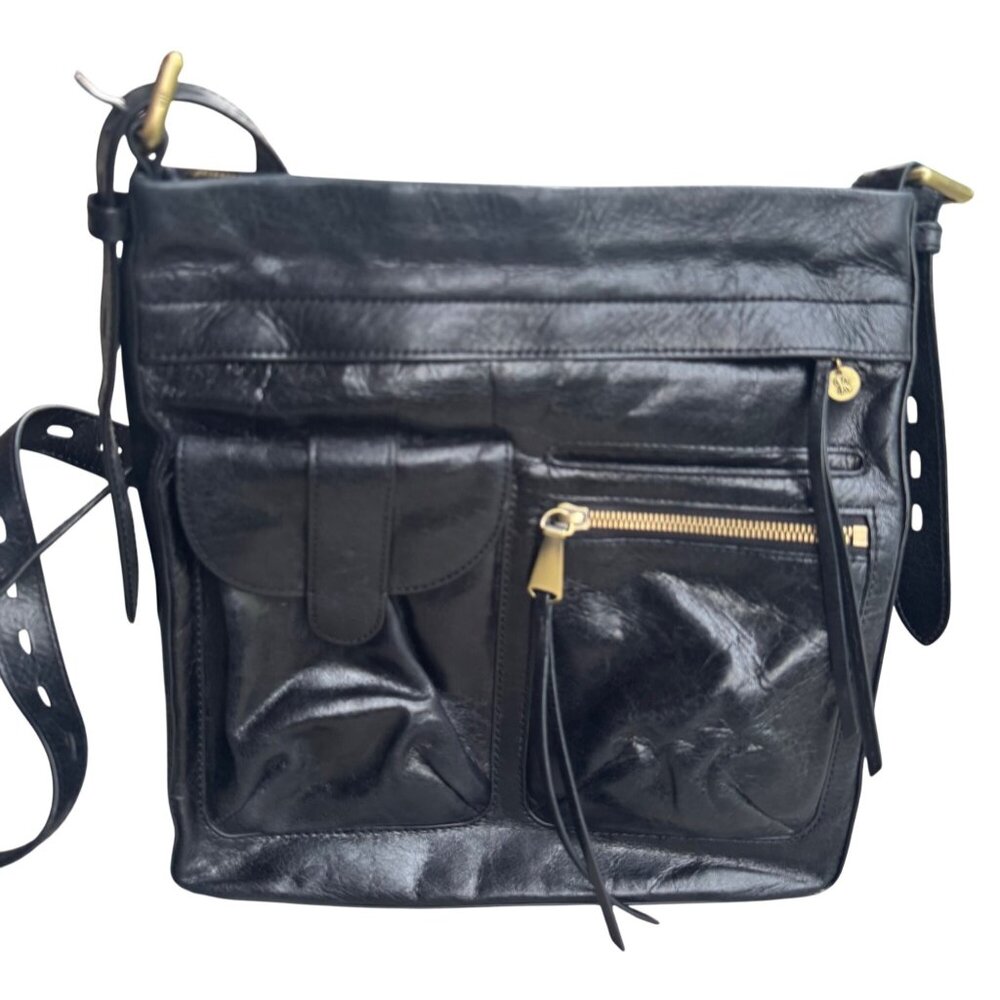 Hobo Black Leather Crossbody Bag With Multiple Pockets & Adjustable Strap